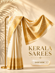A draped Kerala saree in cream and gold is displayed on a gold stand against a warm beige background with leaf shadows. mobile