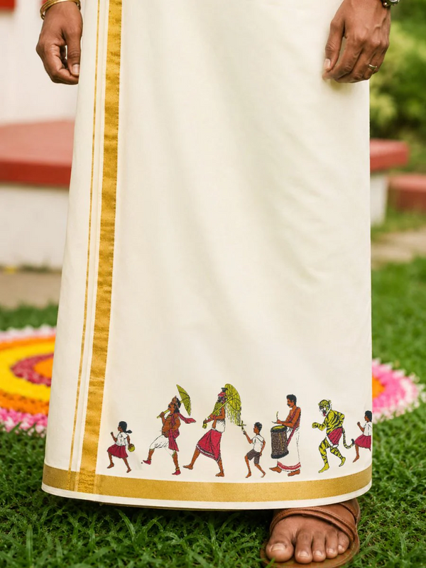 Golden Kasavu Printed Mundu